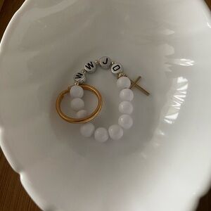 Gold and White Beaded Keychain with Cross Charm